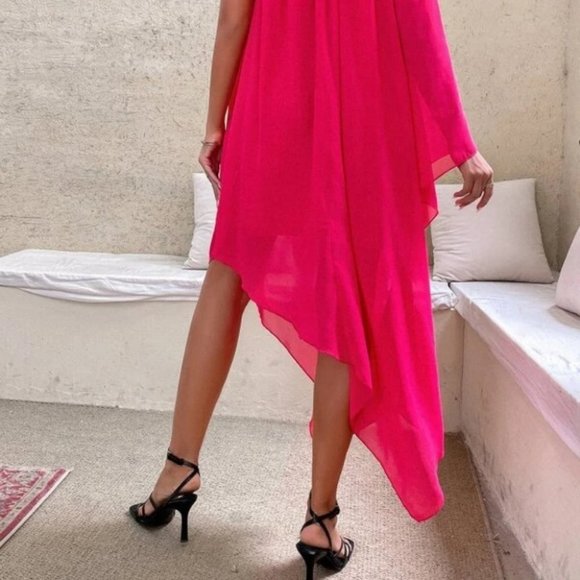 One Shoulder Batwing Sleeve Contemporary Dress HOT PINK - Picture 8 of 8